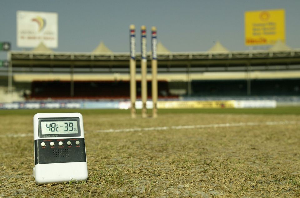 Desert for lunch: a thermometer clocks the temperature in Sharjah at a cool 48 after the second session in one of the two October 2002 Tests