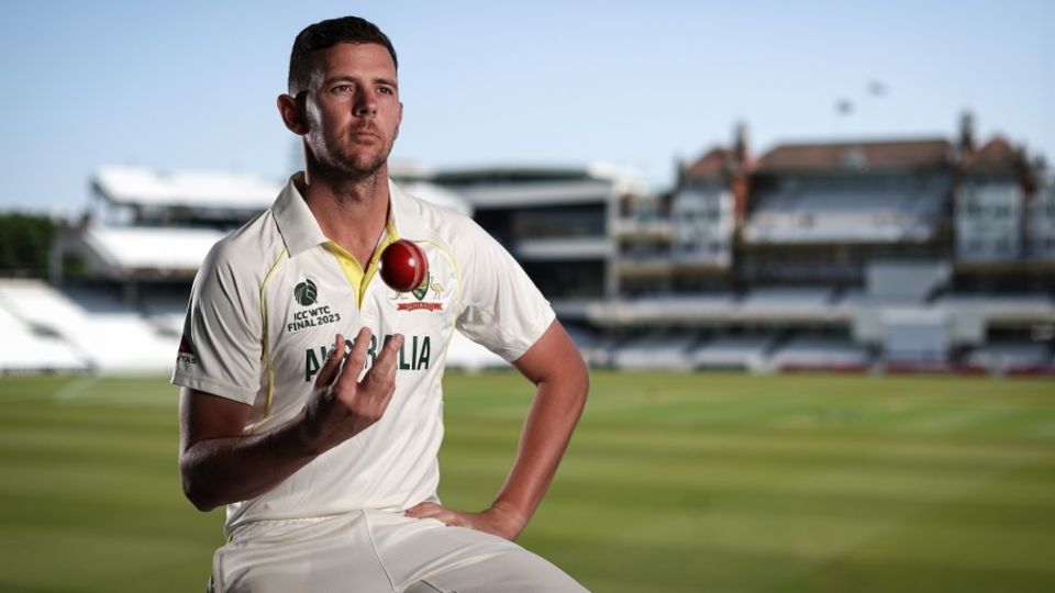 Josh Hazlewood poses with the ball for a photo session before the WTC final