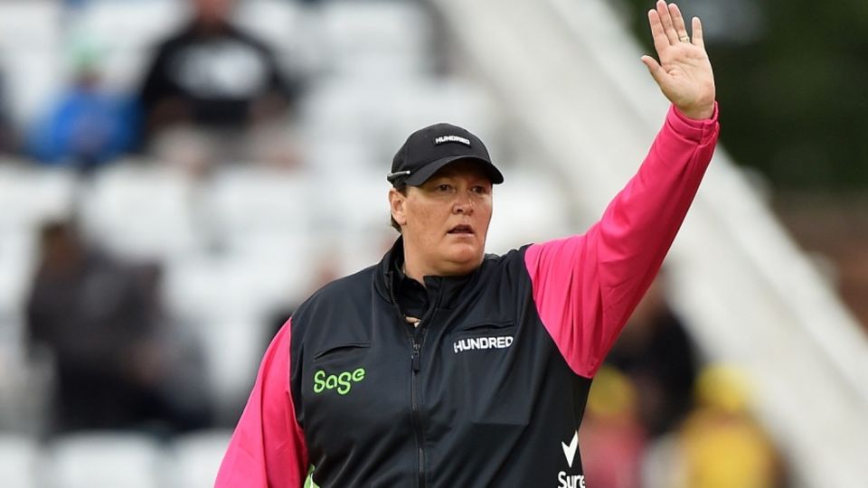 Sue Redfern umpiring during the women's Hundred