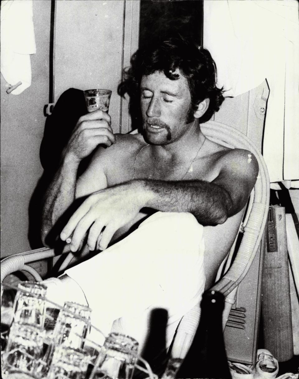 Thommo + Lillee on the rampage = a happy captain: Ian Chappell relaxes with a cold few in the dressing room in Sydney in 1975, Australia 3-0 up in the series