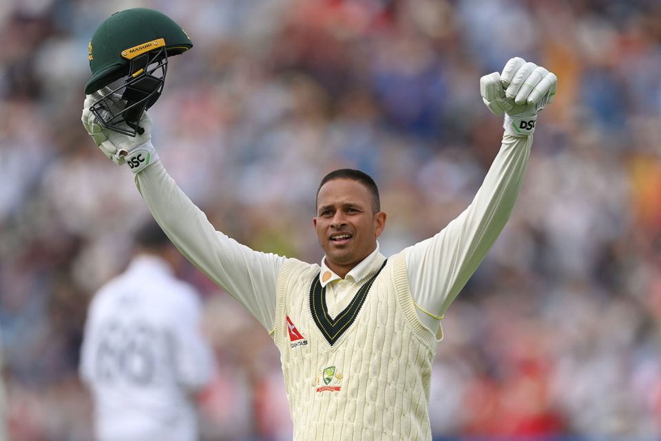 Usman Khawaja brings up his first Test century in England