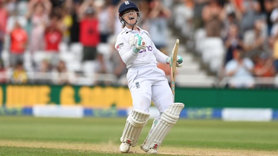 Tammy Beaumont exults after reaching her double century