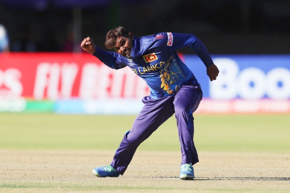 Wanindu Hasaranga celebrates after dismissing Gareth Delany