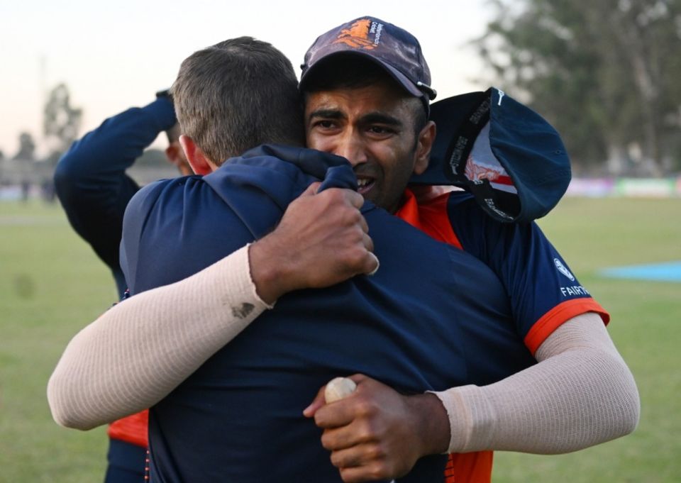 An emotional Nidamanuru celebrates Netherlands' Super Over win against West Indies