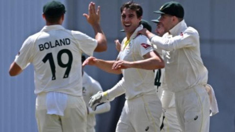 Pat Cummins celebrates the wicket of Moeen Ali