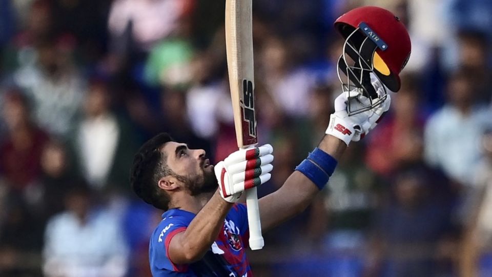 Ibrahim Zadran celebrates his fourth ODI century