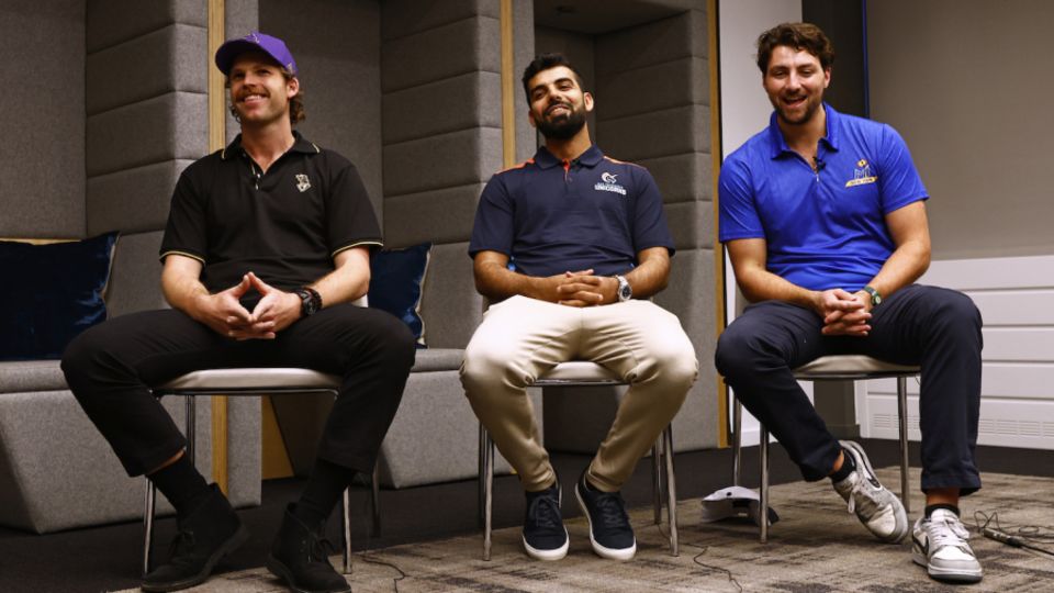 [File photo] Lockie Ferguson, Shadab Khan and Tim David at an MLC event at NYSE