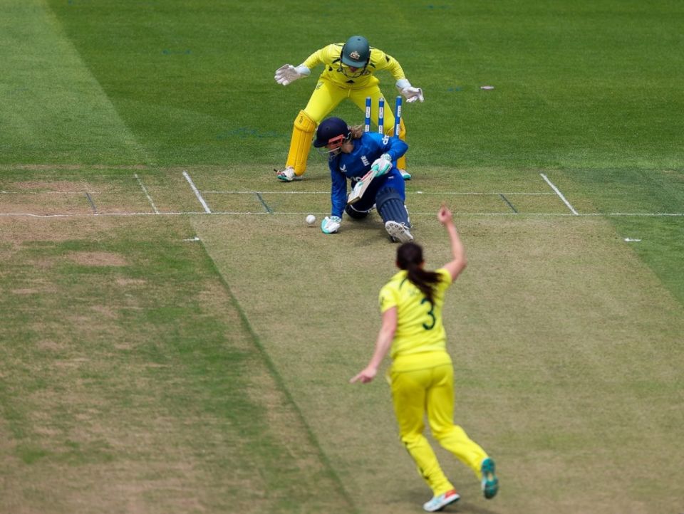 In you go: Schutt swings one through Tammy Beaumont's defences in a 2023 Ashes game