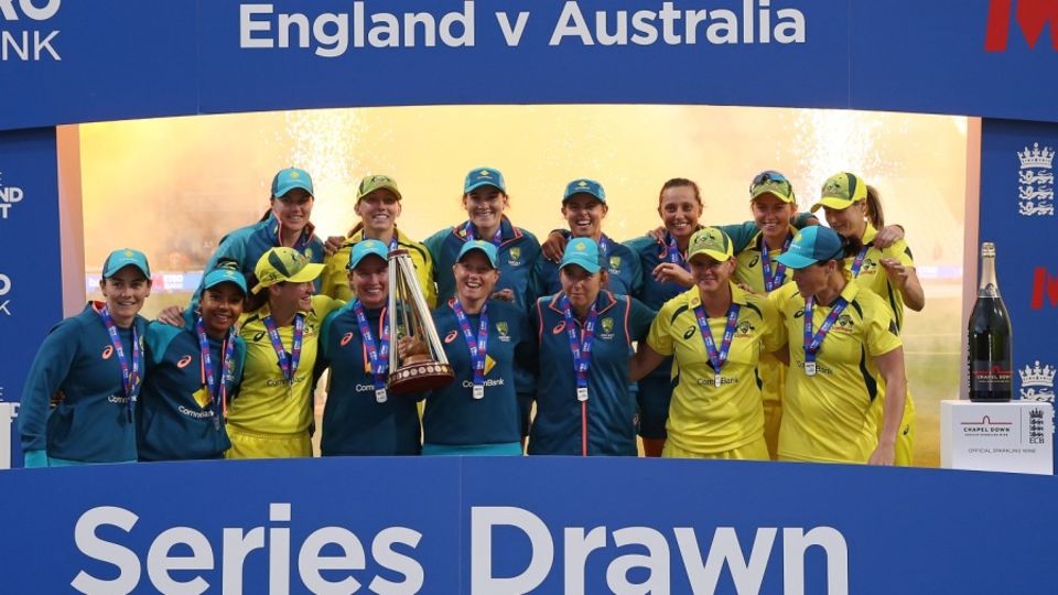 Australia pose on the podium after retaining the Ashes, despite losing both white-ball series