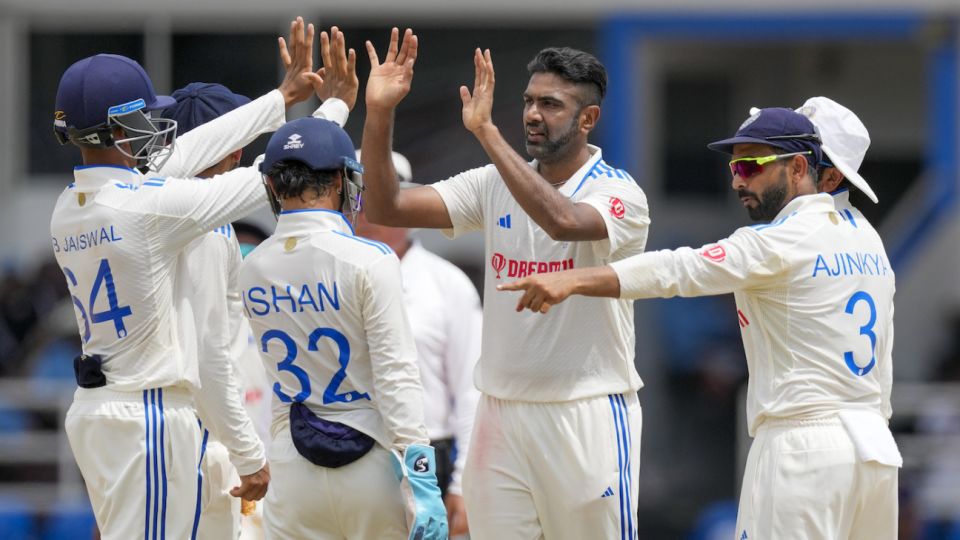 R Ashwin got his first wicket of the innings when he sent Kraigg Brathwaite back