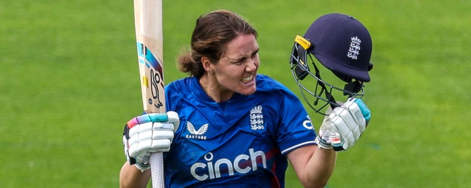 Nat Sciver-Brunt celebrates after scoring her second century of the women's Ashes ODIs