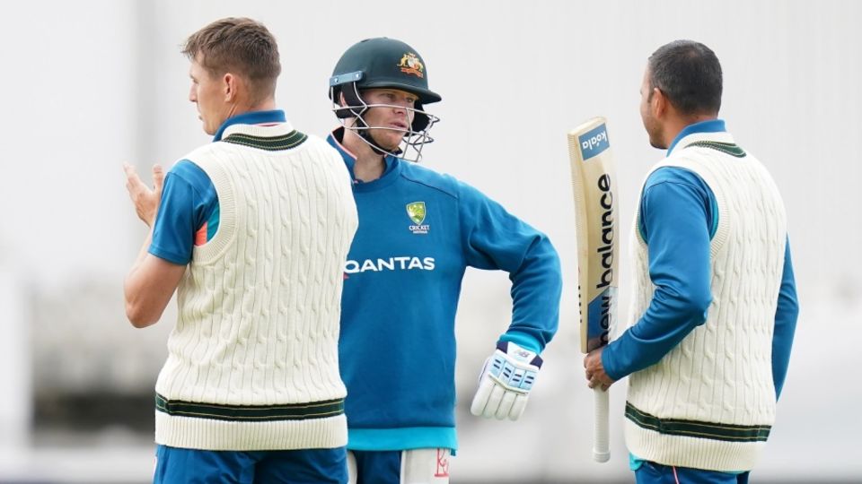 Marnus Labuschagne, Usman Khawaja and Steven Smith have a discussion during Australia's net session