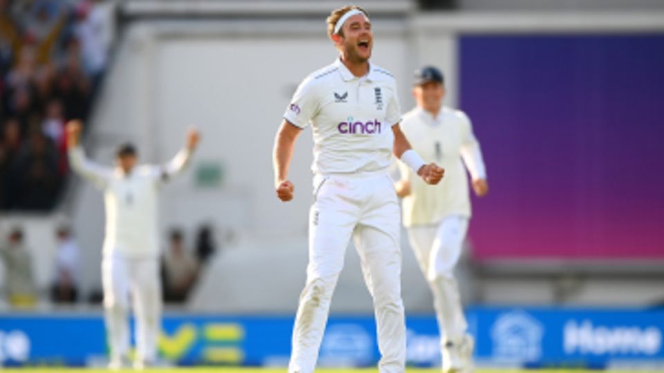 Stuart Broad celebrates taking the wicket of Alex Carey and victory