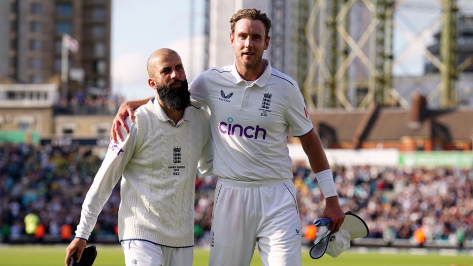 Stuart Broad and Moeen Ali walk off the pitch together for the last time