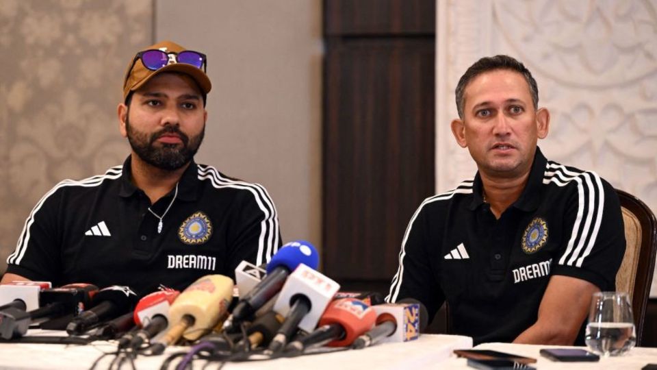 Rohit Sharma and Ajit Agarkar address a press conference where India's squad for the Asia Cup was announced
