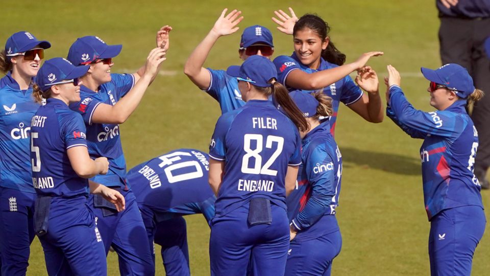 Mahika Gaur celebrates with team-mates after taking the wicket of Sri Lanka's Anushka Sanjeewani