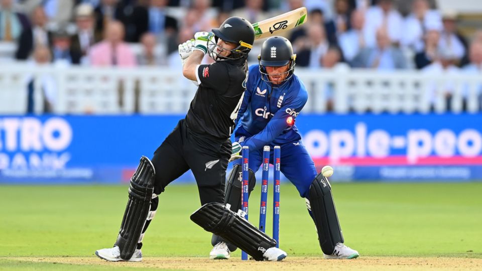 Tom Latham was bowled swinging across the line