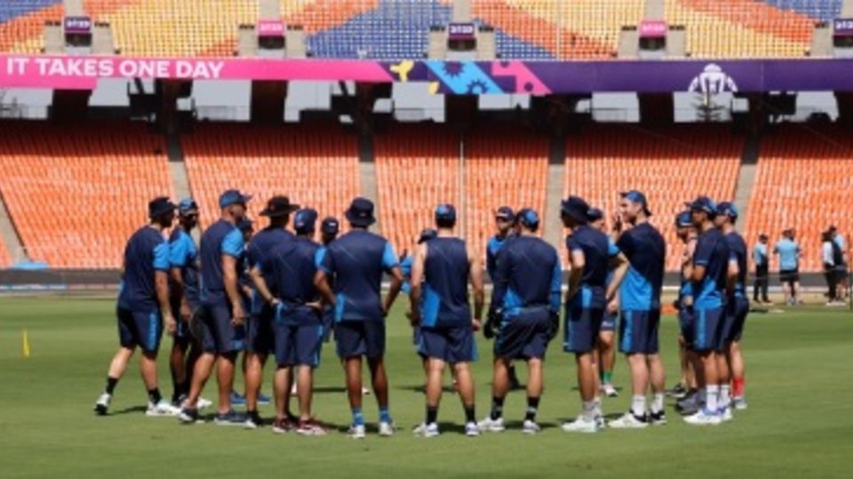 New Zealand huddle during training at the Narendra Modi Stadium