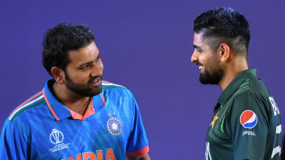 Rohit Sharma and Babar Azam at the captains' photoshoot ahead of the 2023 World Cup in India
