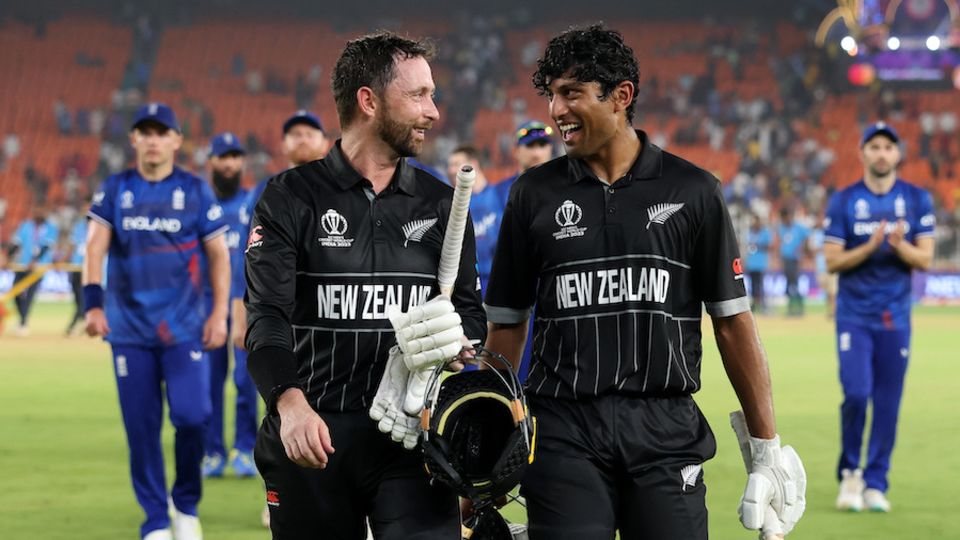 Rachin Ravindra and Devon Conway are all smiles after demolishing England in 36.2 overs
