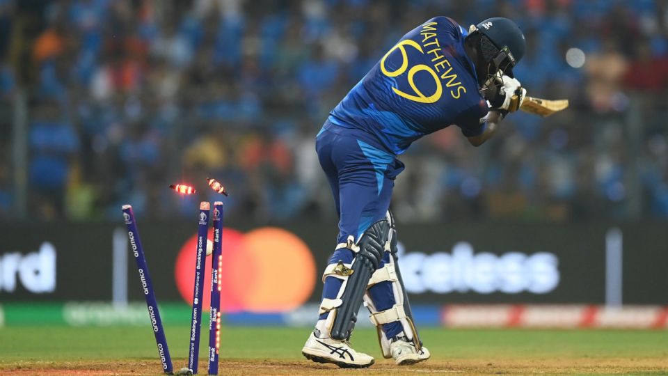 Angelo Mathews was knocked over by Mohammed Shami