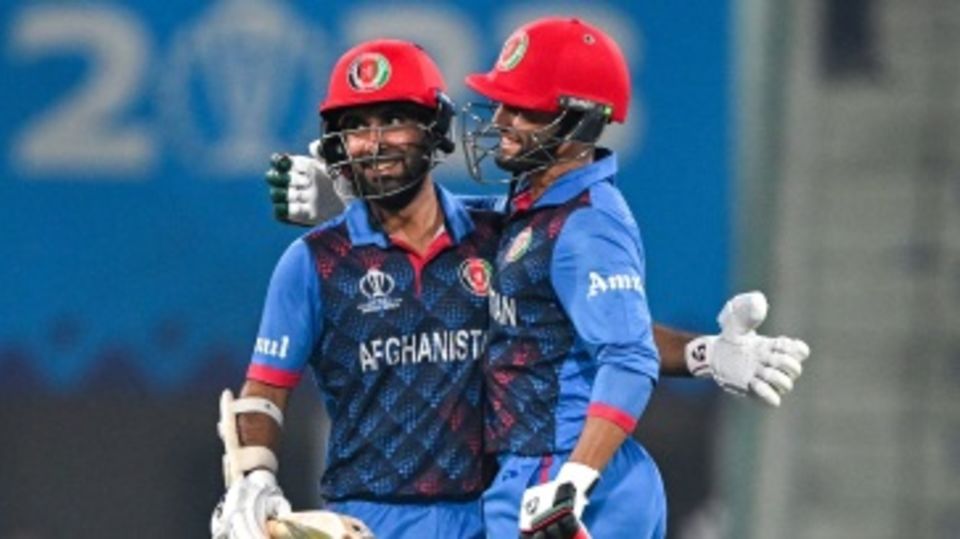 Hashmatullah Shahidi and Azmatullah Omarzai are smiles after Afghanistan's big win