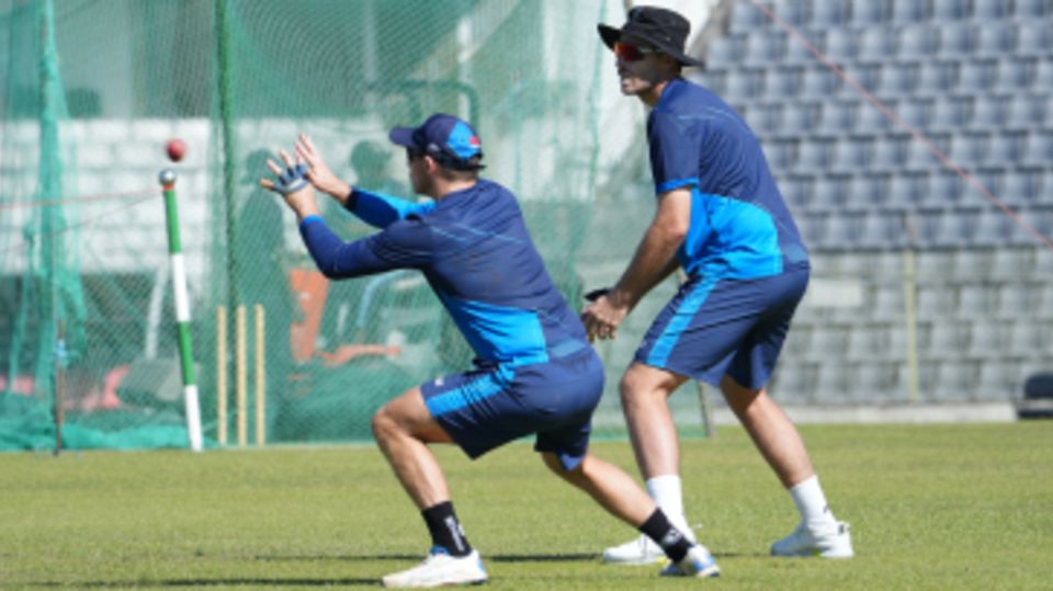 Tim Southee has a look during slip practice