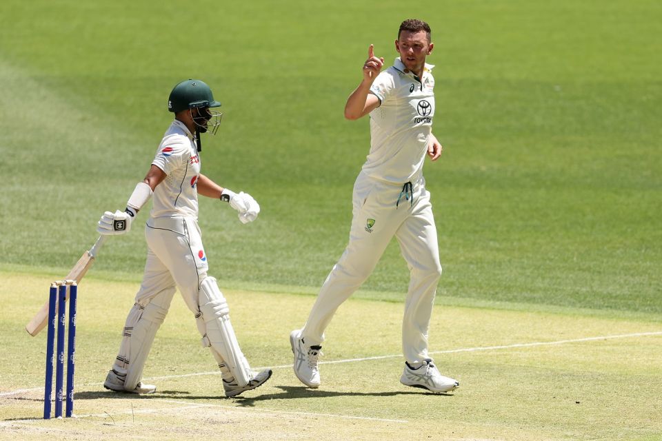 Josh Hazlewood beat the bat several times before getting Saud Shakeel out