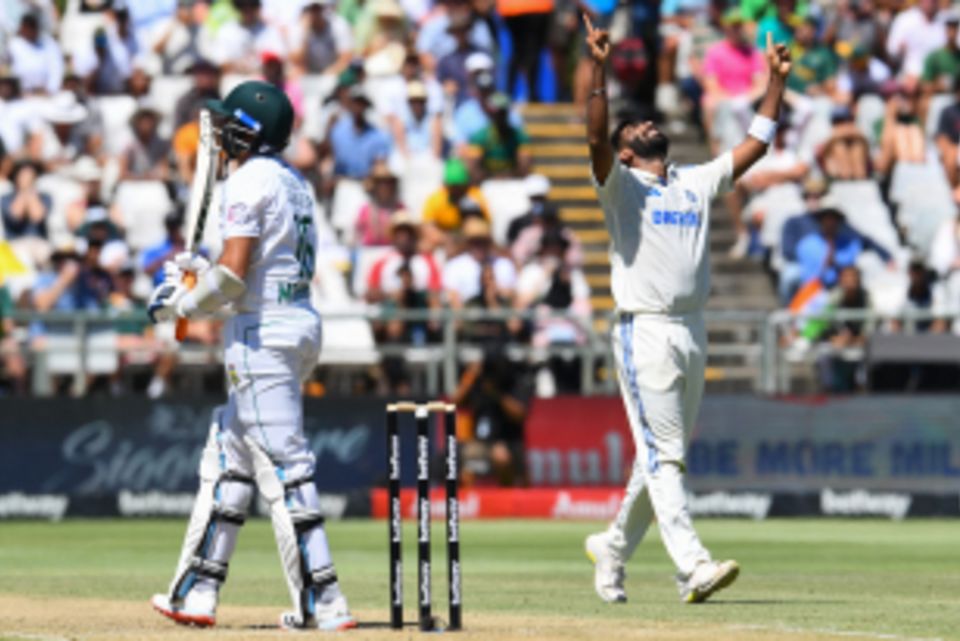 Jasprit Bumrah celebrates the wicket of Keshav Maharaj