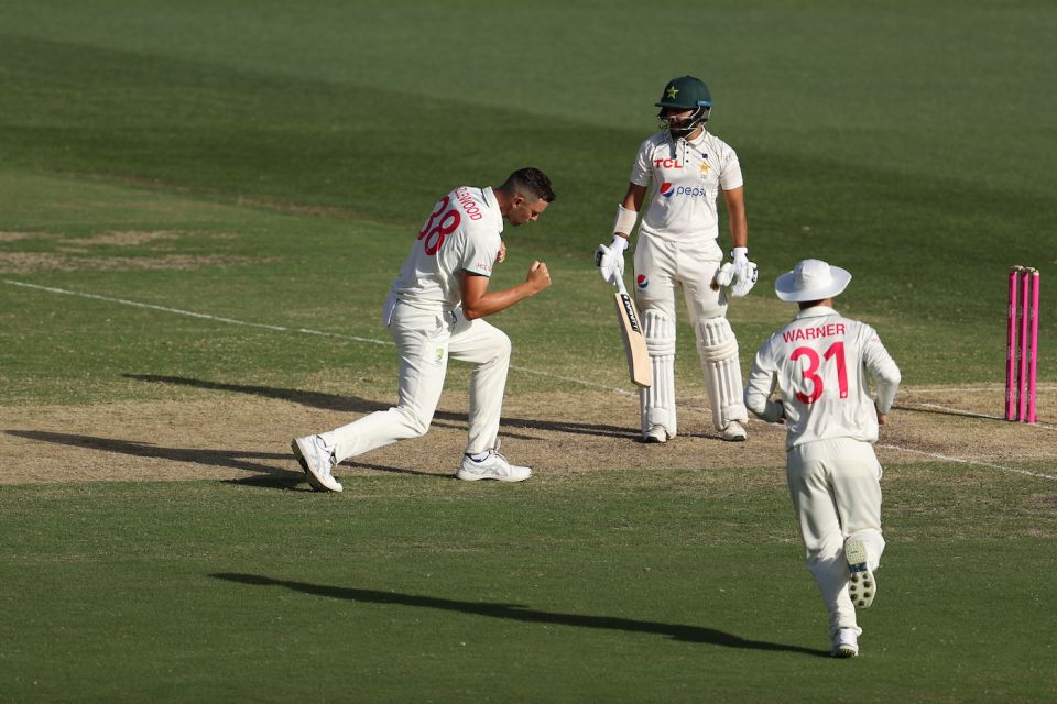 Josh Hazlewood celebrates after getting rid of Saud Shakeel