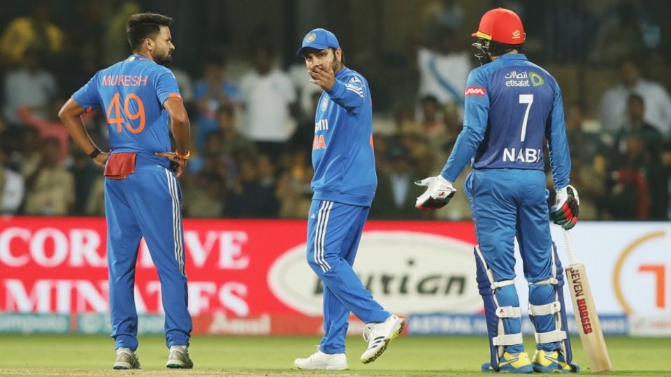 Rohit Sharma wasn't happy with Afghanistan running overthrows after the ball deflected off Mohammad Nabi's leg