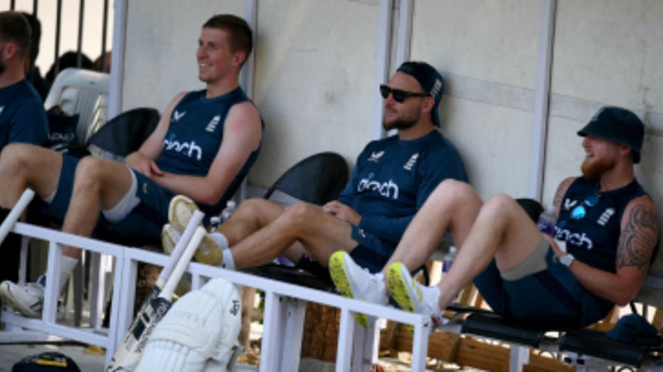 Zak Crawley, Brendon McCollum and Ben Stokes at a training session
