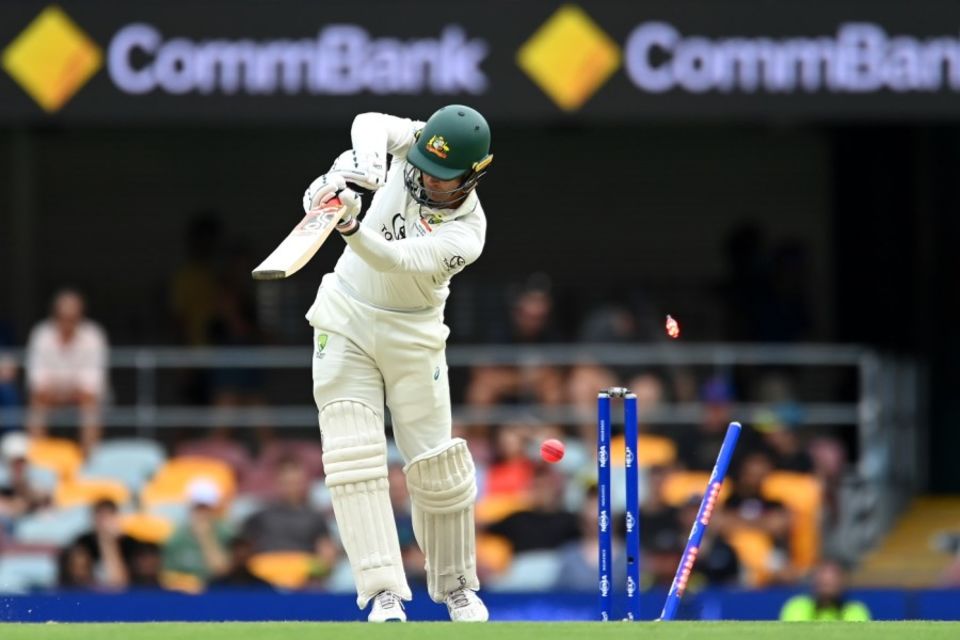Alex Carey has his off stump knocked back by Shamar Joseph