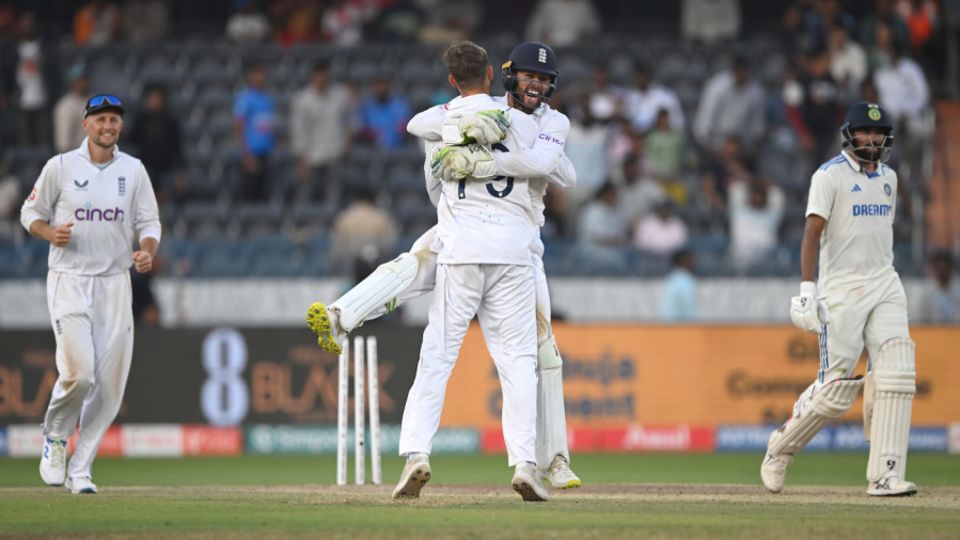 Ben Foakes celebrates England's victory with Tom Hartley