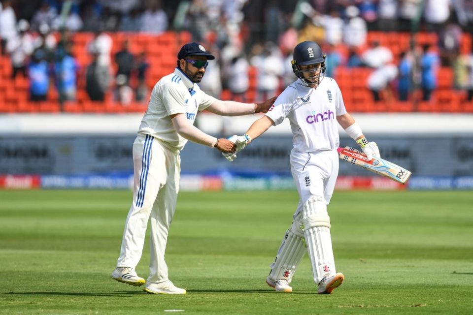 Rohit Sharma congratulates Ollie Pope on his 196