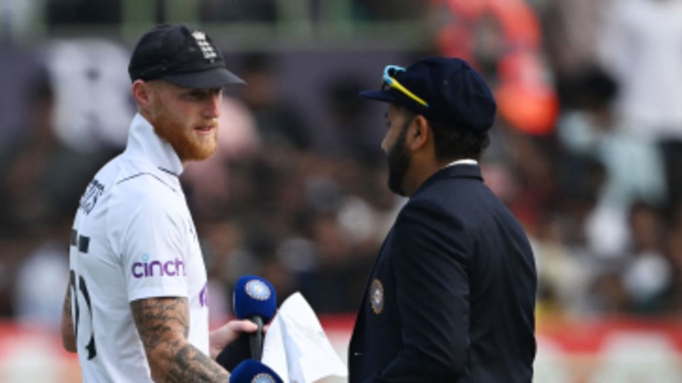 Captains Ben Stokes and Rohit Sharma catch up at the toss