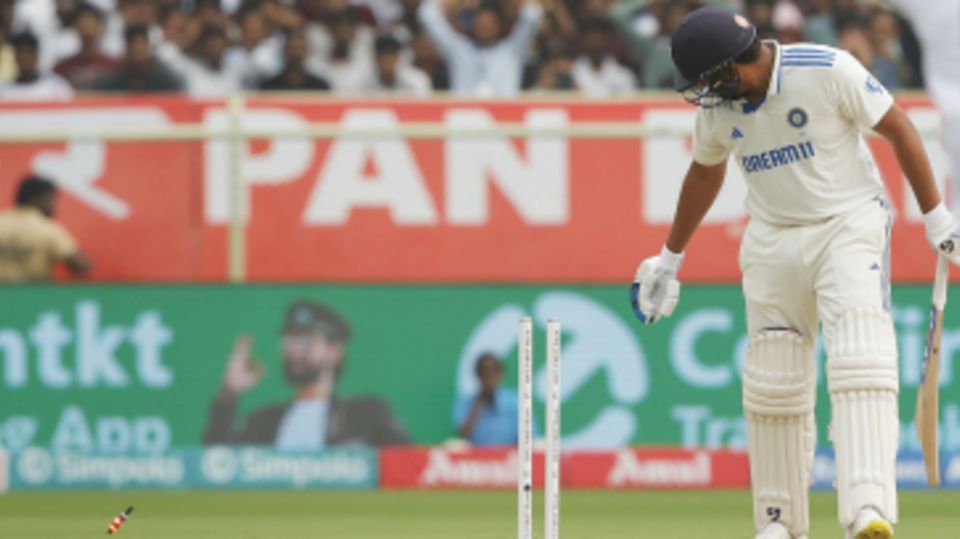 Rohit Sharma looks back at shattered stumps