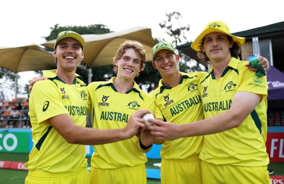 Australia's U-19 World Cup winning quartet of pacers Mahli Beardman, Callum Vidler, Charlie Anderson and Tom Straker (from left)