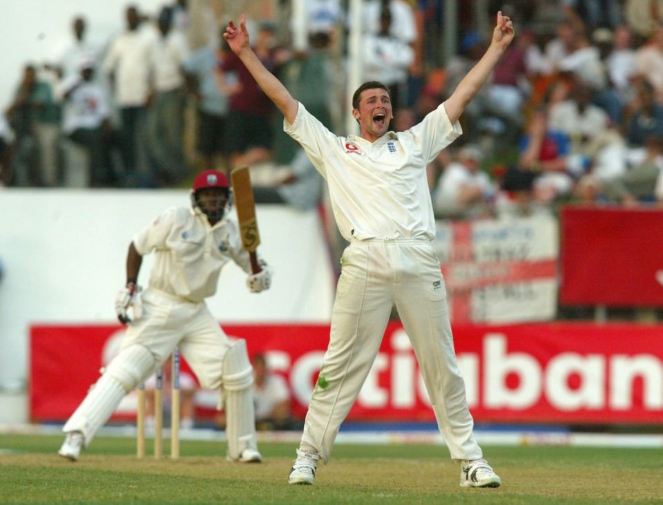 Harmison gets rid of Tino Best in the first innings. He got Best second time around as well. "I don't think they realised, with the surfaces they produced, that England had a fast-bowling unit that was going to take on the world"