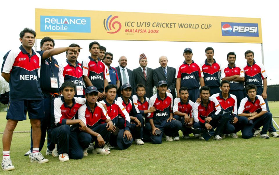 Nepal pose for photos after finishing as runners-up in the 2008 Under-19 World Cup Plate final. Khadka (in cap, front row, centre) was the team's captain