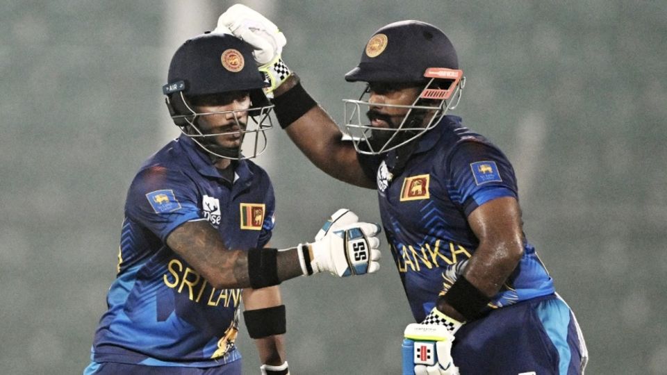 Pathum Nissanka is congratulated by Charith Asalanka after reaching his century