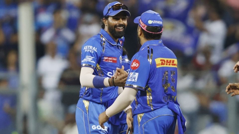 Hardik Pandya and Rohit Sharma celebrate Mumbai Indians' first win of the season