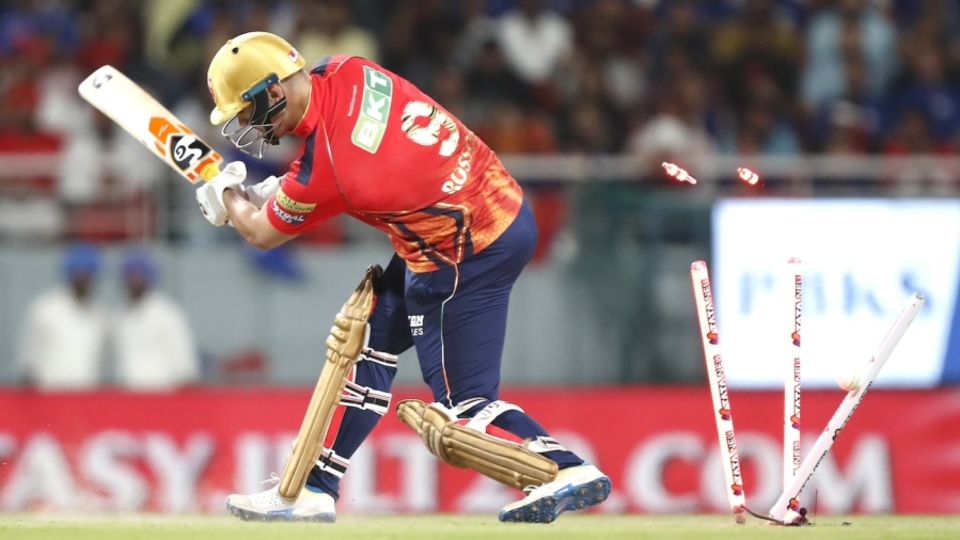 Rilee Rossouw's stumps are shattered by Jasprit Bumrah