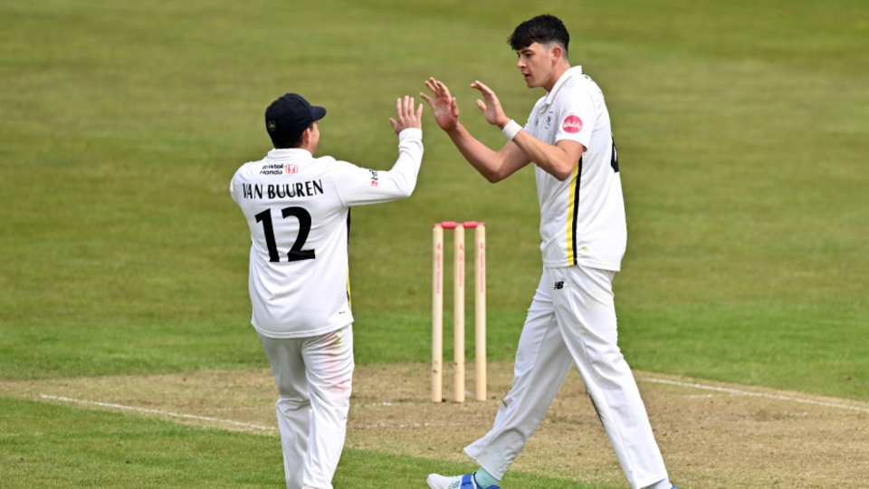 Dominic Goodman celebrates a wicket