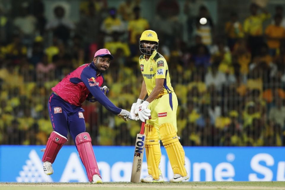 Ravindra Jadeja was given out obstructing the field for getting in the way of Sanju Samson's throw at the stumps, the third instance of this dismissal in the IPL