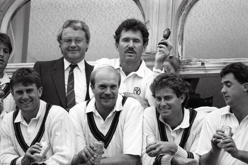 Mark Taylor (front row, first from left) played under only one captain - Allan Border (holding the Ashes trophy) - before taking charge of Australia himself