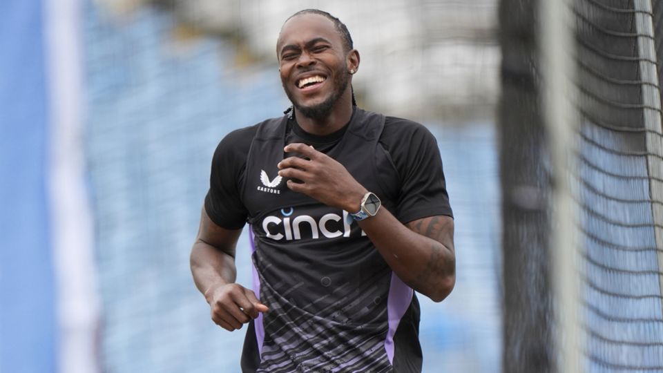 Jofra Archer enjoys a lighter moment at England training