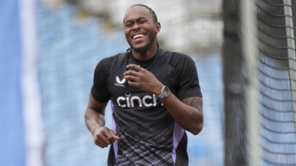 Jofra Archer enjoys a lighter moment at England training