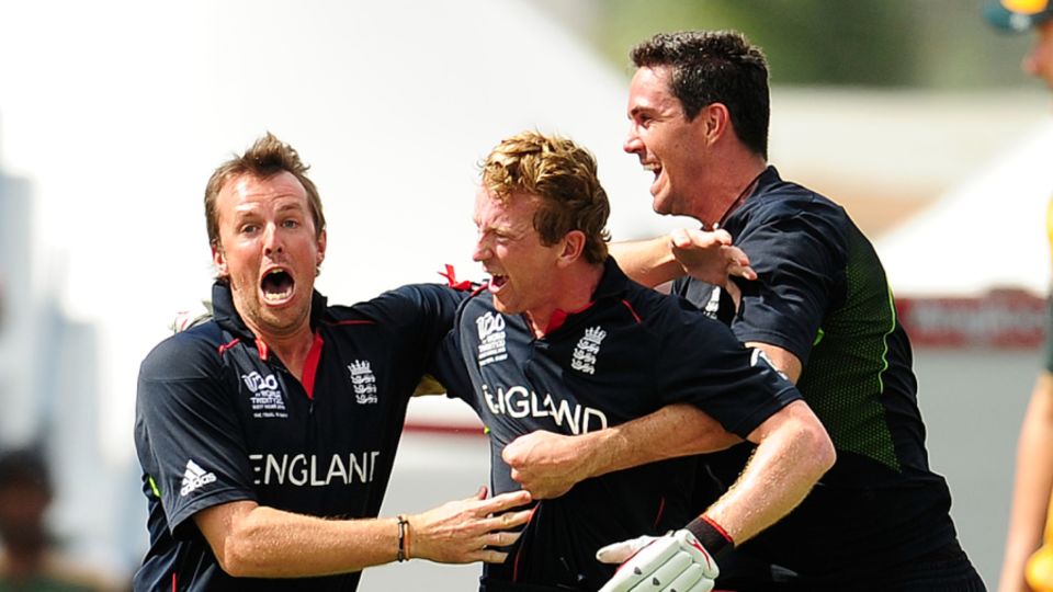 Graeme Swann and Kevin Pietersen mob Paul Collingwood after England's World T20 victory in 2010