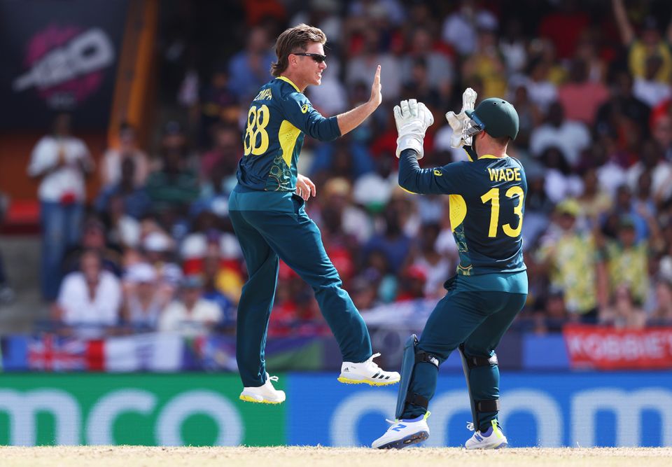 Adam Zampa celebrates the dismissal of Phil Salt